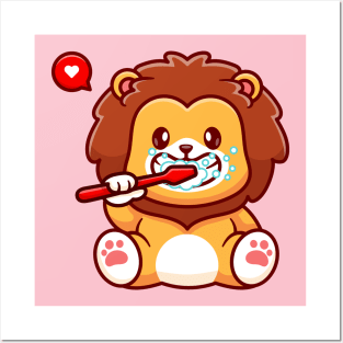 Cute Lion Brushing Teeth Cartoon Posters and Art